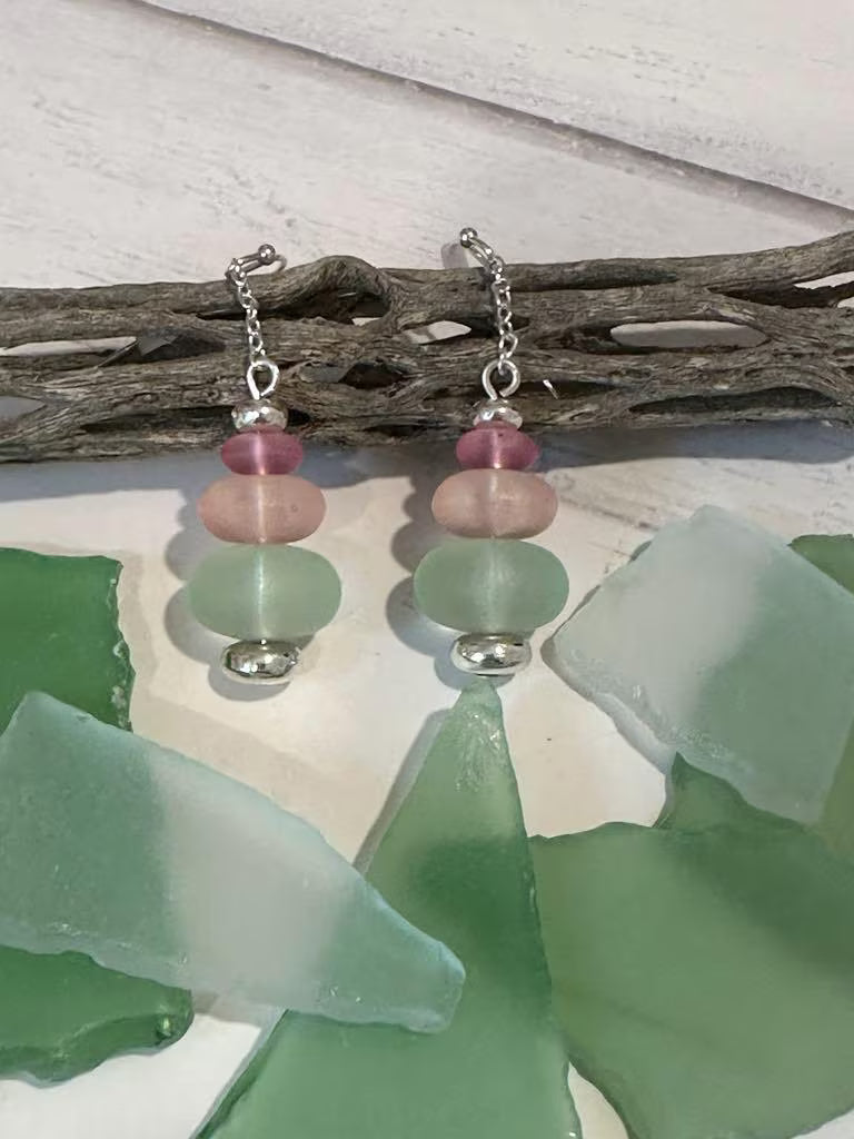 Green ~ Pink Sea Glass Earrings