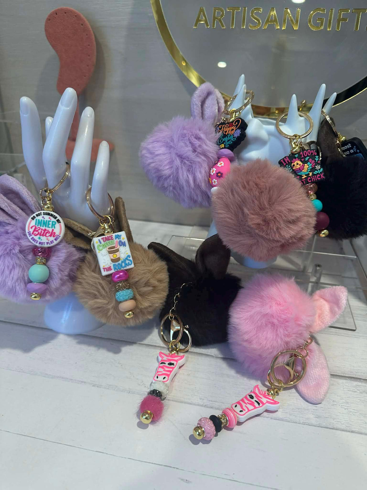 Bunny Ear Pom Pom Keychains