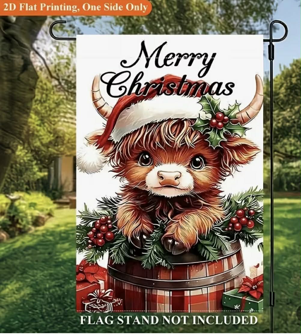 Merry Christmas Highland Cow Garden Flag