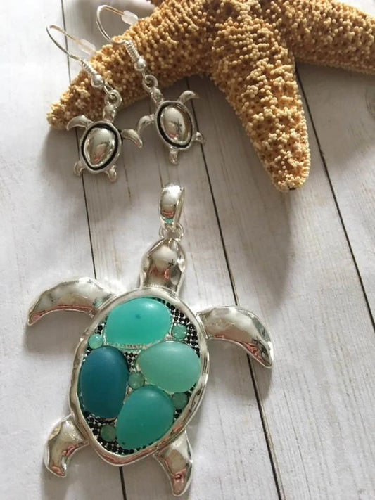 Seaglass Sea Turtle Pendant Set