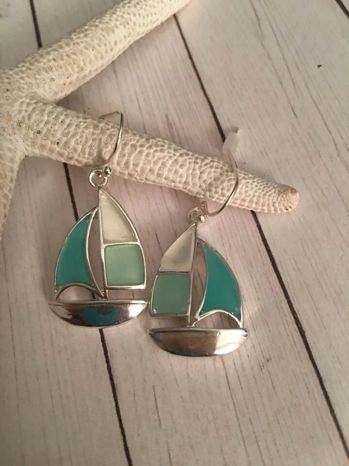 Sea Glass Sail Boat Earrings