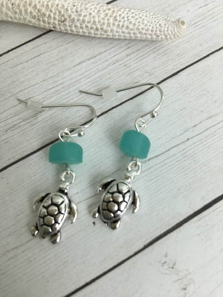 Sea Glass Sea Turtle Earrings