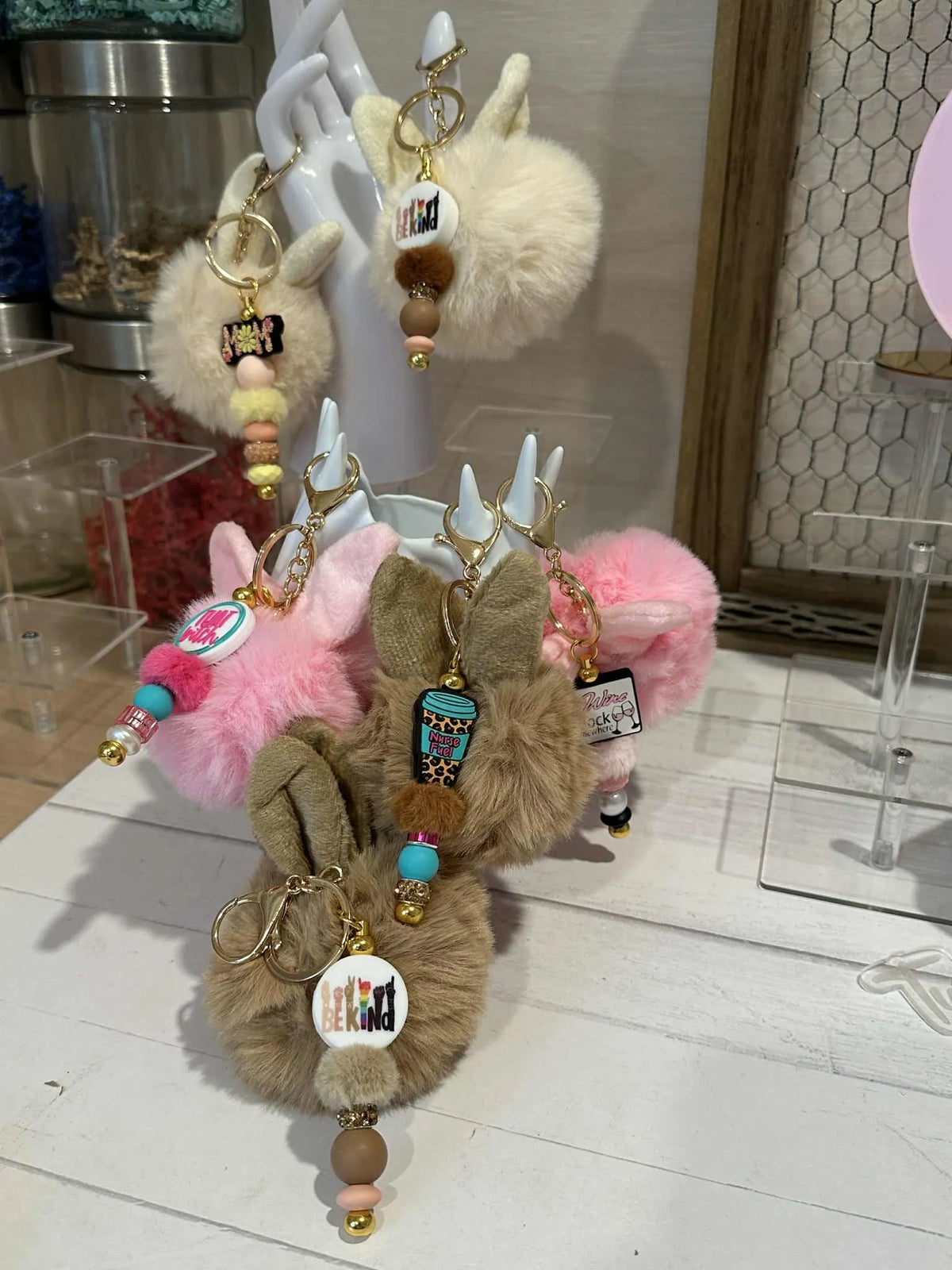 Bunny Ear Pom Pom Keychains