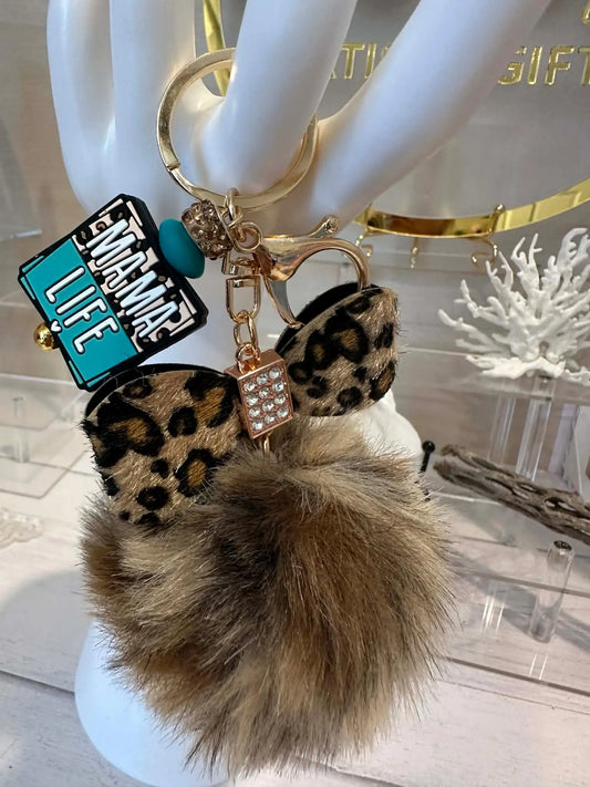 Leopard Pom Pom Mama Life Keychain Clip