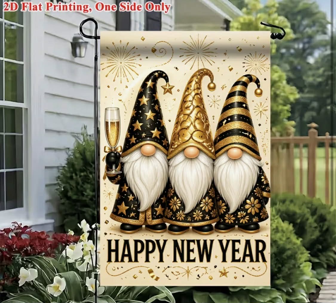 Happy New Year Gnome Garden Flag
