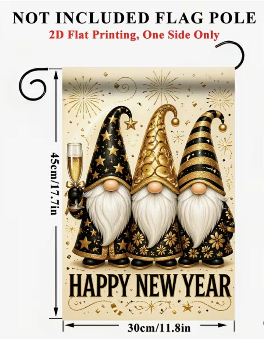 Happy New Year Gnome Garden Flag